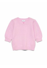 Maglione corto a maniche corte di colore rosa chiaro in maglia, con scollatura rotonda a coste, polsini e orlo, esposto disteso su uno sfondo bianco.