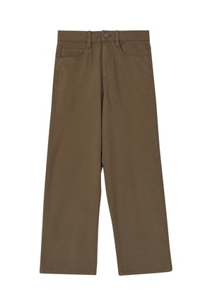 Pantalons larges marron en mélange de coton, avec une fermeture à bouton classique, des poches avant et un détail de couture soigné.