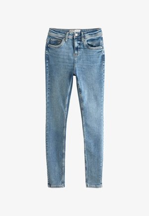 Teke slim fit u svijetloplavom denimu, s pet džepova, zatvaračem na munje i klasičnim kopčanjem na dugme. Glatka tekstura s blagim efektom blijedila.