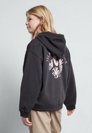 Sudadera oversized de color gris oscuro con capucha, con un diseño tropical en rosa en la parte posterior. Fabricada con tejido suave y con puños y dobladillo acanalados.