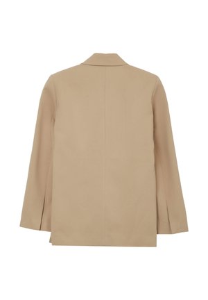 Beige Blazer, glattes Material, tailliertes Design, Reverskragen, lange Ärmel, geschlitzter Rücken, mittellange Länge bis zum Oberschenkel, minimalistische Nähte.