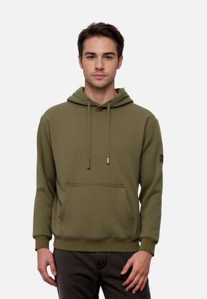 Olive green hoodie made of soft fabric, featuring a front pocket, drawstrings, and a minimalist logo on the chest and left sleeve.