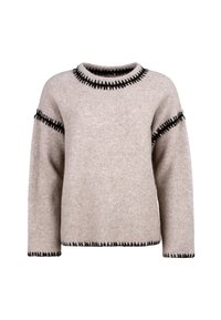 Beige Strickpullover mit rundem Ausschnitt, langen Ärmeln und schwarzen Ziernähten an den Schultern und am Saum. Weicher, strukturierter Stoff.
