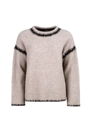 Beige knit sweater featuring a round neck, long sleeves, and black stitching accents on shoulders and hem. Soft, textured fabric.