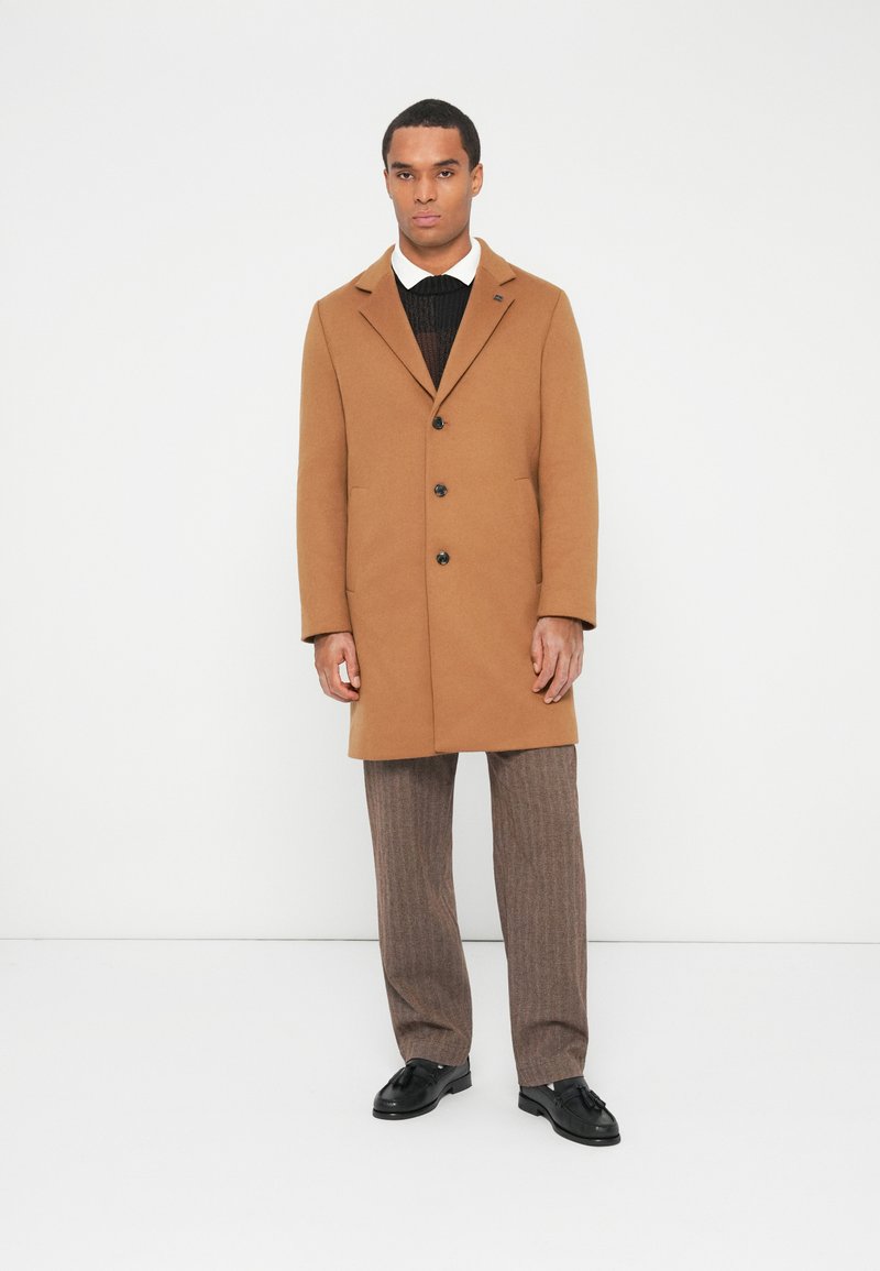 Uomo che indossa un cappotto cammello su un maglione nero e una camicia bianca, pantaloni a righe marroni e mocassini neri con nappine, su uno sfondo bianco.