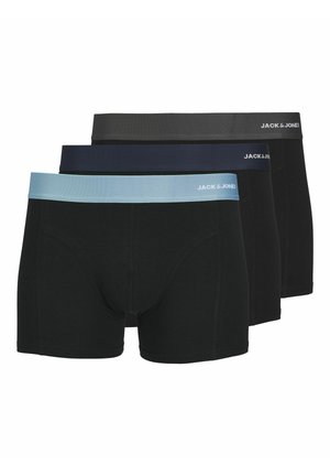 Black boxer briefs in a pack of three, featuring contrasting waistbands in light blue, navy, and dark gray with logo detailing.