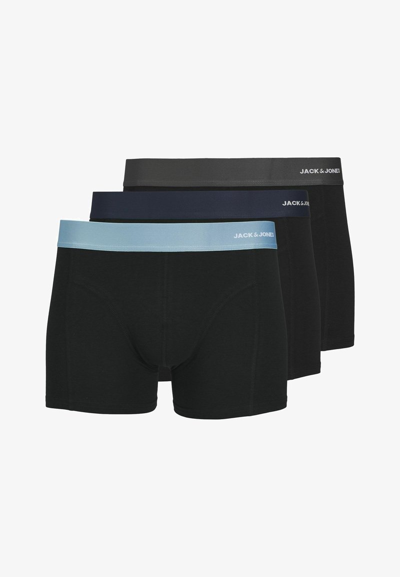 Zwarte boxershorts in een verpakking van drie, met contrasterende taillebanden in lichtblauw, marineblauw en donkergrijs met logo-details.