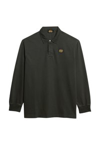 Long-sleeve dark green polo shirt in cotton, featuring a collar, two-button placket, and a small yellow logo on the left chest.