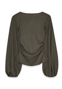 Alyvuogių žalios spalvos marškiniai su ilgomis, pūstomis rankovėmis ir apvaliu iškirpimu. Yra surinkta detalė nugaroje ir tekstūruotas audinys.