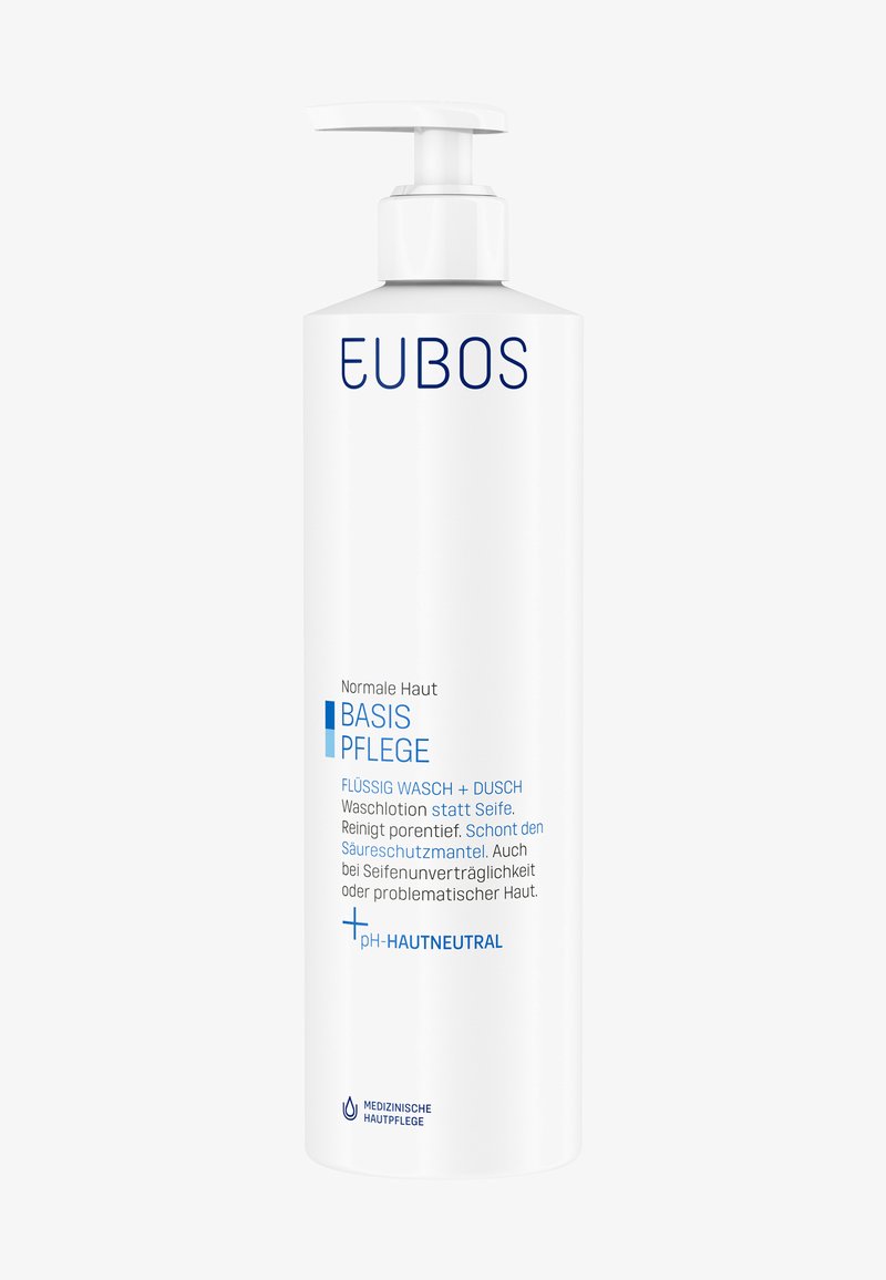 Weiße Plastikspritzflasche mit dem Aufdruck "EUBOS", mit blauer Schrift, die "BASIS PFLEGE" anzeigt, und klaren Produktinformationen sowie Angaben zur pH-Neutralität.