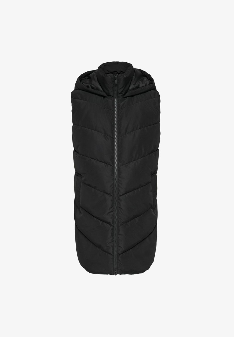 Longue veste sans manches matelassée noire avec fermeture éclair à l'avant et col montant, isolée sur fond blanc.