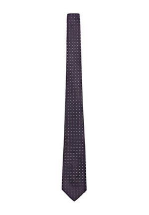 Dark purple necktie with a small white square dot pattern evenly spaced across the fabric on a white background.