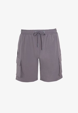 Shorts cargo gris en tissu léger, avec une taille élastique et un cordon de serrage, ainsi que deux poches cargo latérales.