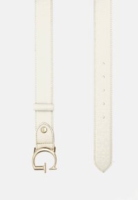 White leather belt with a circular gold buckle. The strap features a subtle logo pattern and multiple adjustment holes. Smooth texture.