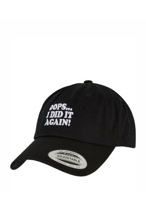 Casquette de baseball noire en coton, avec un texte brodé blanc disant "OUPS... JE L'AI ENCORE FAIT !" Sangle ajustable à l'arrière.