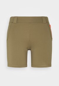 Pantalones cortos verde oliva con un diseño ajustado, hechos de un tejido elástico. Cuenta con dos bolsillos laterales y un acento de cremallera naranja brillante.