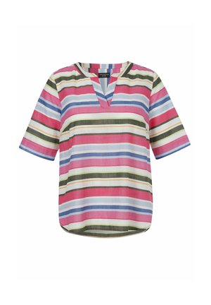 Kortärmelig hemd met meerkleurige horizontale strepen in roze, groen, blauw en wit, en een kleine V-vormige halslijn.