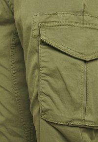 Oliivroheline cargo püksid, millel on suur, kaldu klapp-tasku, millel on tikandiga detailid; pehme tekstuur kerge sära jaotusega.