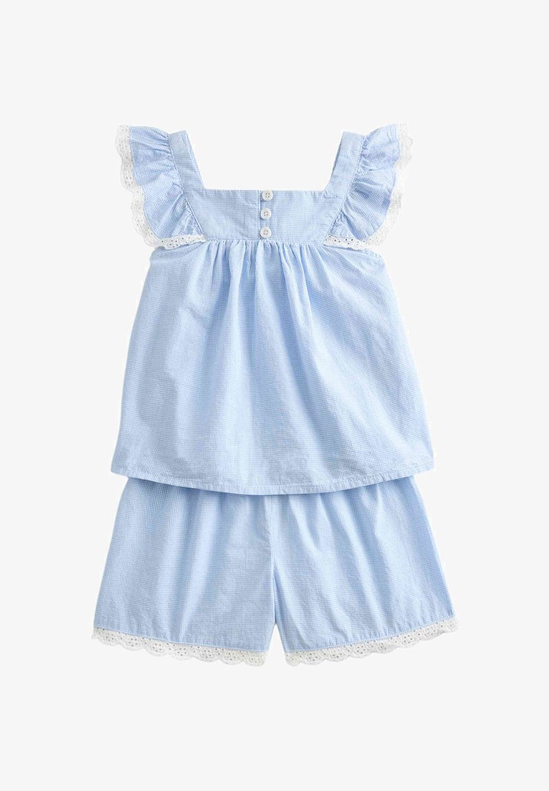 Light blue checkered sleeveless top with ruffled lace sleeves and matching shorts with lace trim at hems.