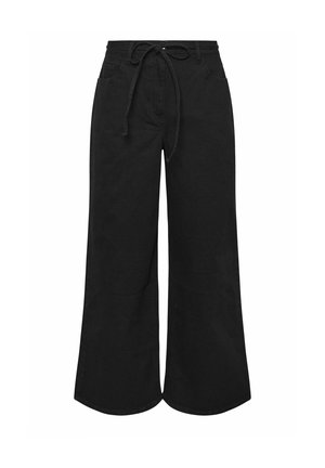 Black high-waist wide-leg pants with front tie belt, front pockets, and button closure, displayed against a white background.