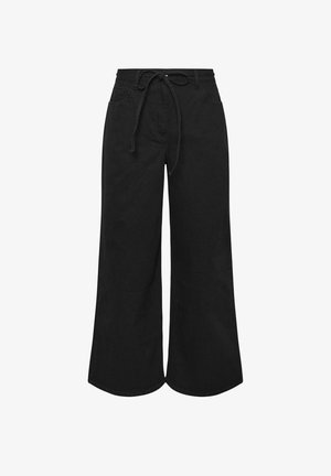 Black high-waist wide-leg pants with front tie belt, front pockets, and button closure, displayed against a white background.