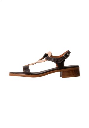 Sandalia marrón de cuero con tira en T, tacón bajo de bloque de madera y hebilla plateada ajustable sobre fondo blanco.