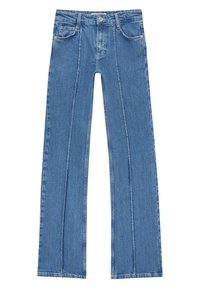 Jean en denim bleu clair à coupe droite, avec poches avant et braguette zippée. Tissu texturé avec détails de coutures verticales.