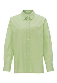 Light green button-up shirt with a collar, long sleeves, and a chest pocket. Made from smooth fabric with a plain design.