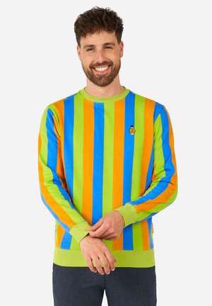 Multicolored sweatshirt featuring vertical stripes in blue, orange, green, and a small embroidered graphic on the chest, with ribbed cuffs.