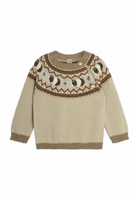 Beige gestrickter Pullover mit rundem Ausschnitt, gemustertem Einsatz in Braun, Rost und Creme, mit drei Knöpfen an der Schulter und gerippten Bündchen.