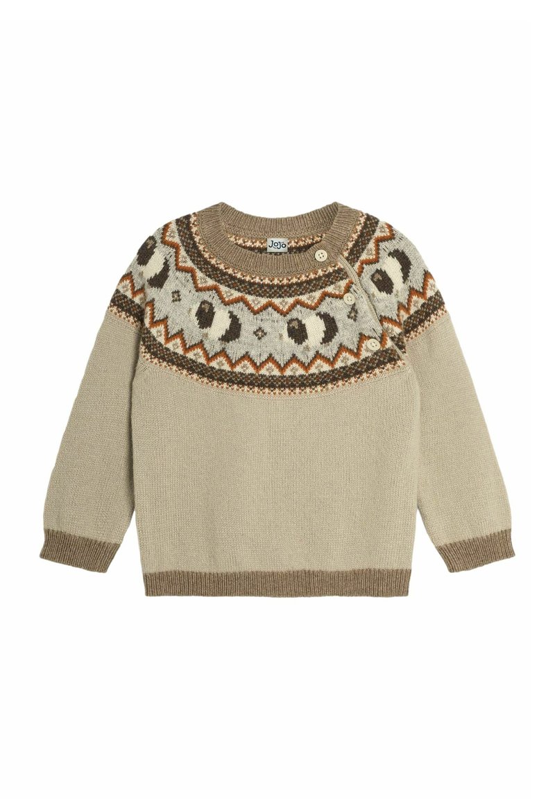 Beige gestrickter Pullover mit rundem Ausschnitt, gemustertem Einsatz in Braun, Rost und Creme, mit drei Knöpfen an der Schulter und gerippten Bündchen.