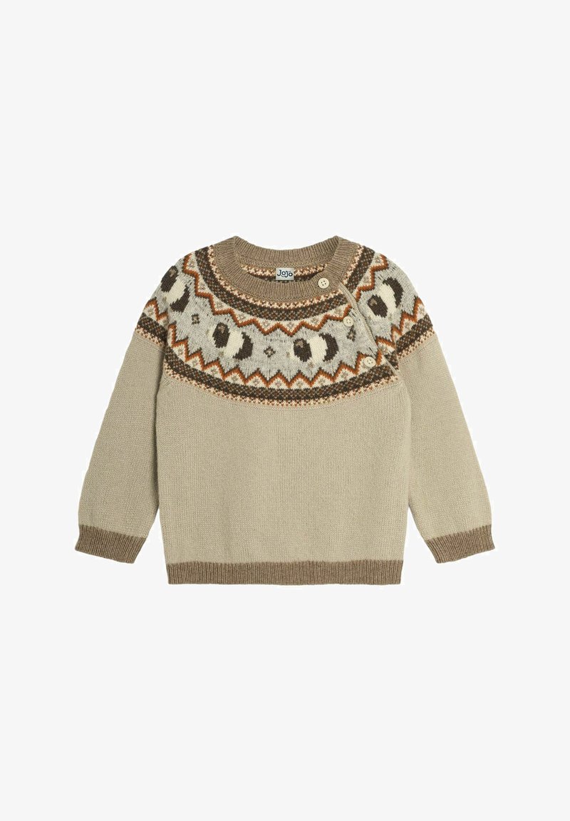 Beige gestrickter Pullover mit rundem Ausschnitt, gemustertem Einsatz in Braun, Rost und Creme, mit drei Knöpfen an der Schulter und gerippten Bündchen.