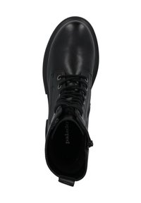 Bottine en cuir noir à bout rond, avec lacets à l'avant et fermeture éclair sur le côté. Texture lisse, semelle en caoutchouc et semelle intérieure avec logo.