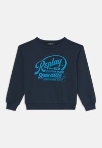 Felpa blu navy con stampa grafica di testo blu chiaro, colletto rotondo e polsini e orlo a coste. Tessuto in cotone morbido e casual.