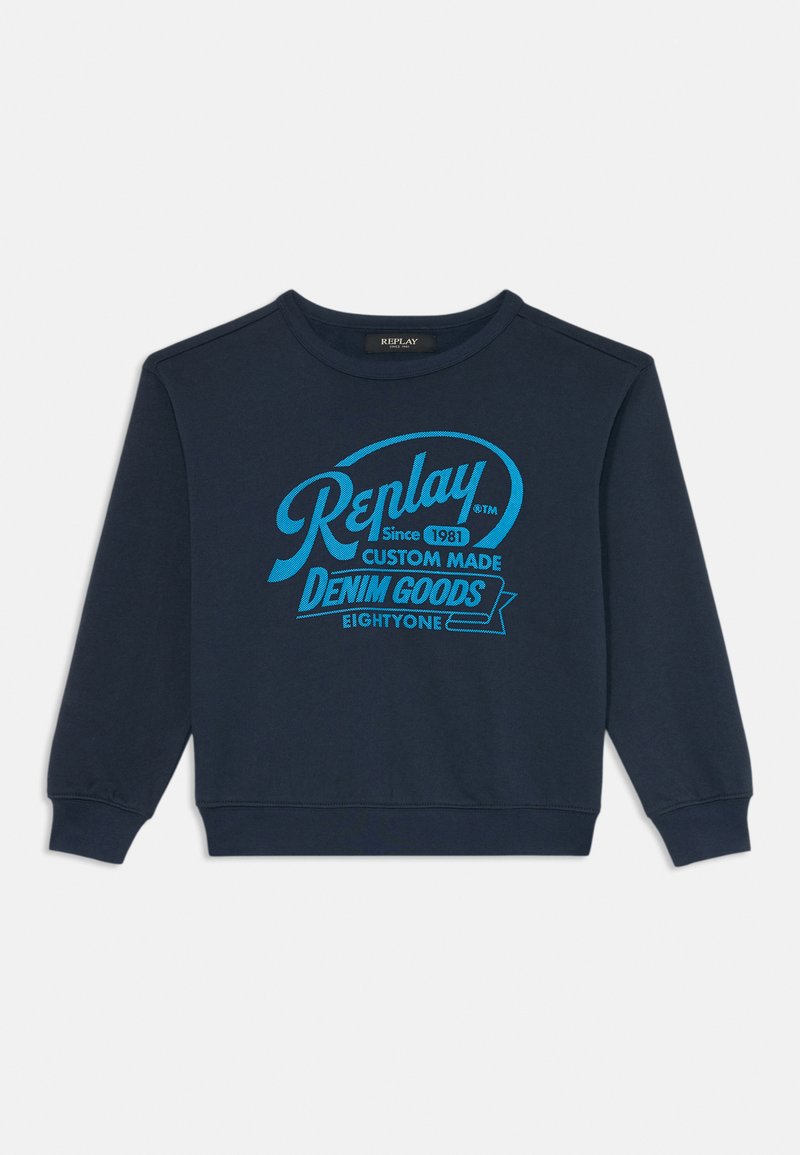 Felpa blu navy con stampa grafica di testo blu chiaro, colletto rotondo e polsini e orlo a coste. Tessuto in cotone morbido e casual.