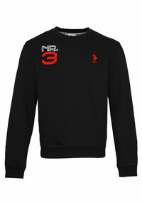Sudadera negra con diseño de cuello en V, con un "NR. 3" bordado en rojo y un logo rojo en el pecho. Fabricada con tejido suave, puños acanalados.