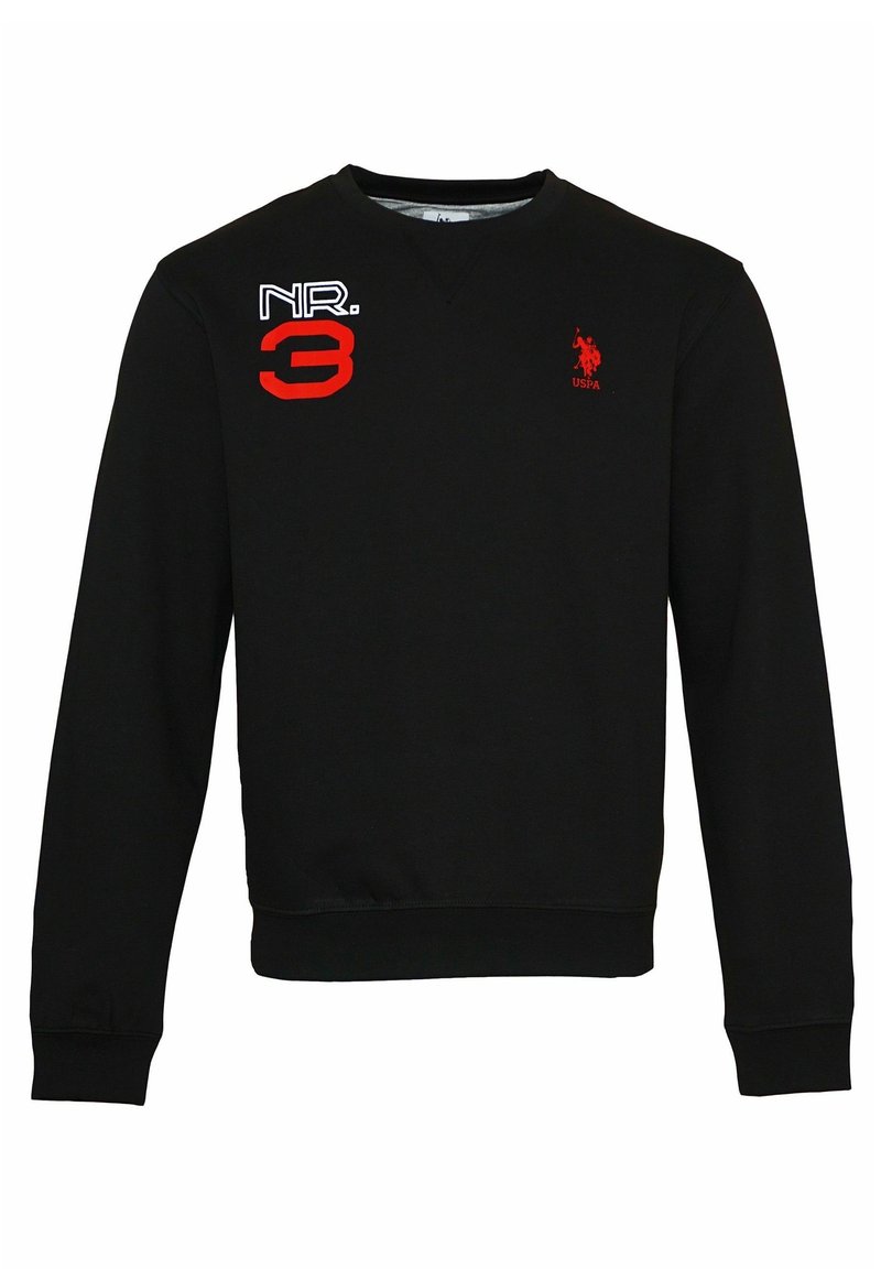 Sudadera negra con diseño de cuello en V, con un "NR. 3" bordado en rojo y un logo rojo en el pecho. Fabricada con tejido suave, puños acanalados.