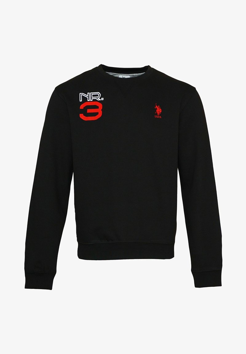 Sudadera negra con diseño de cuello en V, con un "NR. 3" bordado en rojo y un logo rojo en el pecho. Fabricada con tejido suave, puños acanalados.