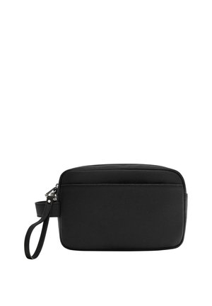 Borsa da polso rettangolare nera con tasca frontale e chiusura con cerniera, tessuto strutturato e tracolla attaccata a un lato.