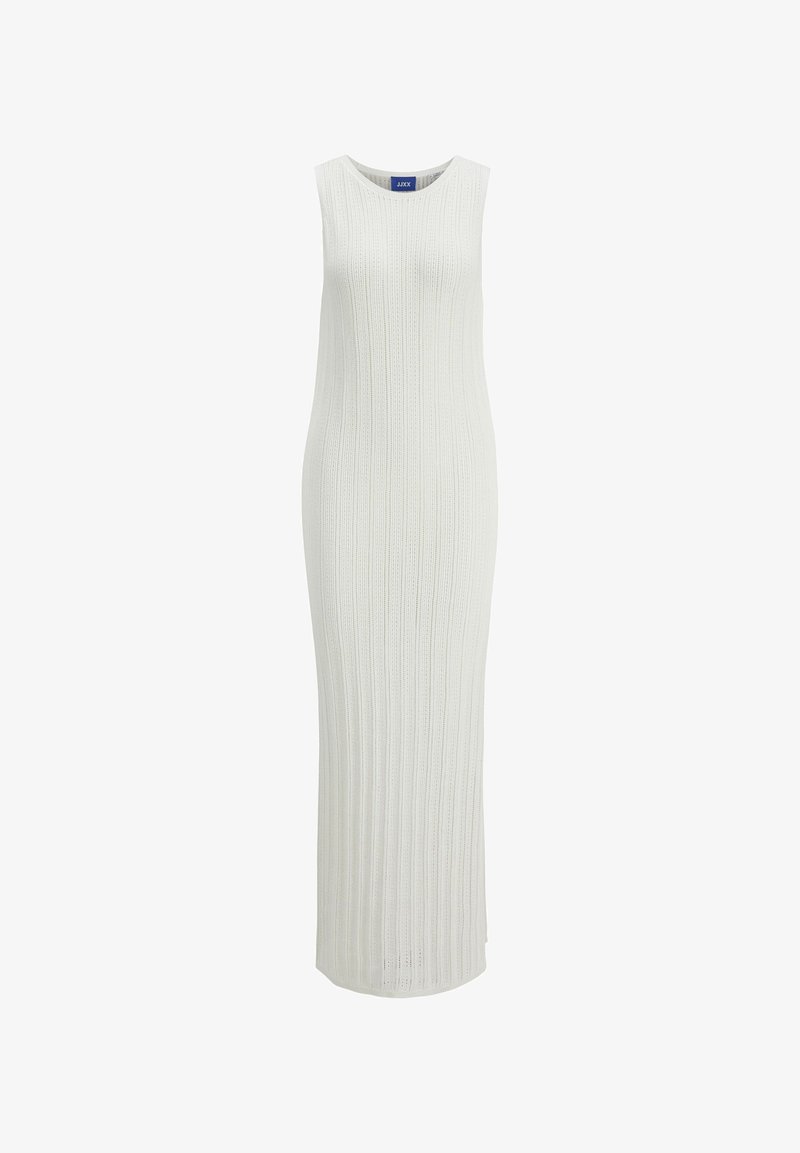 Vestido maxi branco com textura canelada, decote arredondado e sem mangas. Apresenta uma silhueta ajustada e uma textura suave em toda a extensão.