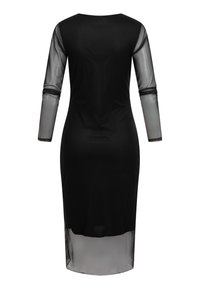 Sort midi-kjole med gennemsigtige lange ærmer og kant, tætsiddende silhuet, rund halsudskæring, vist bagfra.