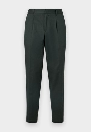 Dark green trousers with a tailored fit, featuring a flat front, two pleats, and back pockets. Crafted from smooth, lightweight fabric.