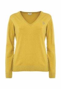 Maglione giallo a V realizzato in morbido tessuto knit, con maniche lunghe e polsini a costine; presenta un piccolo logo ricamato sul petto.