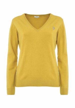Maglione giallo a V realizzato in morbido tessuto knit, con maniche lunghe e polsini a costine; presenta un piccolo logo ricamato sul petto.