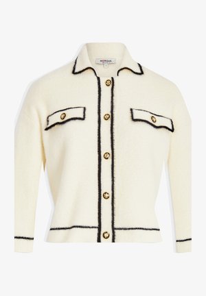 Cream-colored wool blend jacket with black trim, featuring gold buttons and two front pockets. The design is cropped with a structured collar.