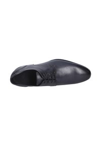 Chaussure habillée en cuir noir avec un bout pointu, au design élégant, fermeture à lacets et texture lisse. Aucun motif ni accent visible.