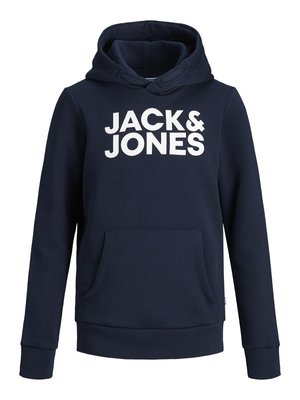 Sudadera azul marino con un bolsillo canguro frontal, puños y dobladillo acanalados; presenta un gran texto blanco "JACK & JONES" en la parte delantera.