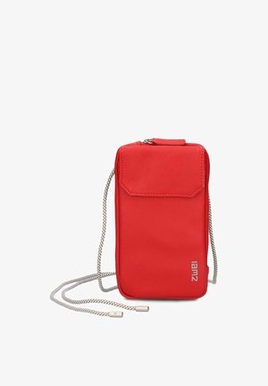 Red rectangular crossbody bag with front flap, zipper closure, and white braided strap with metal ends, branded "Zwei" at bottom right.