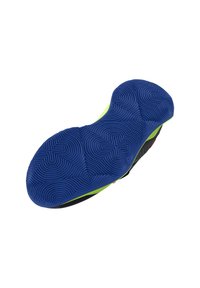 Suela de zapato con una base de goma azul que presenta un patrón texturizado ondulado, y acentos de verde brillante y negro en los bordes.