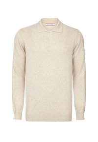 Beige polo shirt met lange mouwen, gemaakt van een zachte stof, met een klassieke kraag, een drieknoopsluiting en geribbelde manchetten en onderzoom.